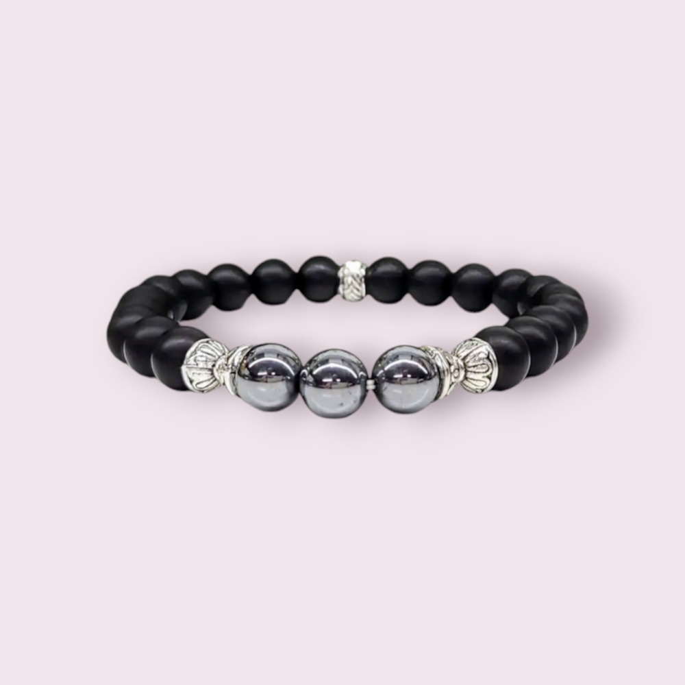 Handmade Natural Terahertz/ Matte Black Obsidian 8mm Beaded Bracelet - Picture 3 of 4